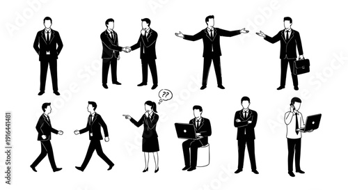 Collection of black-and-white illustrations depicting various businesspeople in different professional scenarios, including meetings, handshake, discussion, and communication