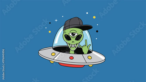 Cool green alien character with three eyes wears a black cap and gives a rock on sign from his silver UFO.