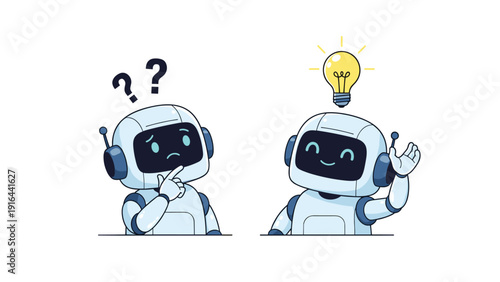 Comparison of two robot characters where one is confused with question marks and the other has a bright idea.