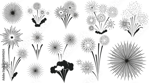 Assorted fireworks and pyrotechnic display elements featured in a monochrome graphic set isolated on a solid white background for celebration.