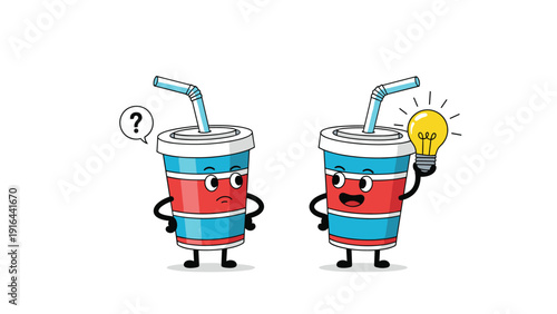 Duality of thoughts shown by two soda cup characters, one with a question mark and one holding a light bulb.