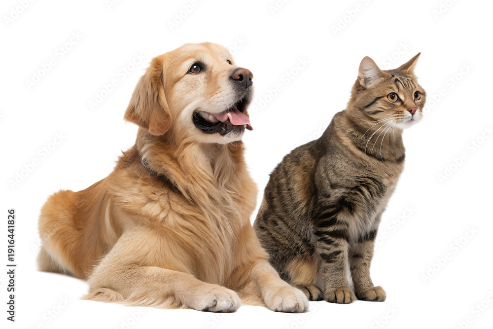 Fototapeta premium Perfectly Groomed Golden Retriever and Tabby Cat Isolated on White