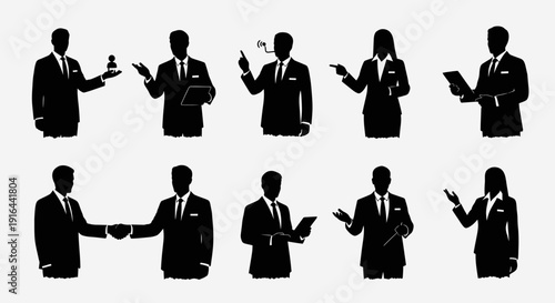 Silhouettes of business professionals engaging in various activities like exchanging, discussing, and pointing