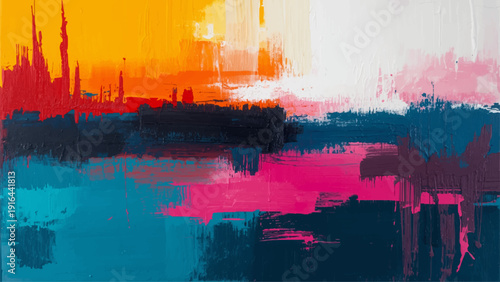 Abstract cityscape painting featuring vibrant colors and expressive brushstrokes.