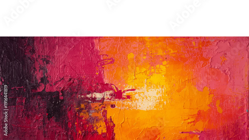 Abstract expressionist painting featuring vibrant shades of red, orange, and yellow.