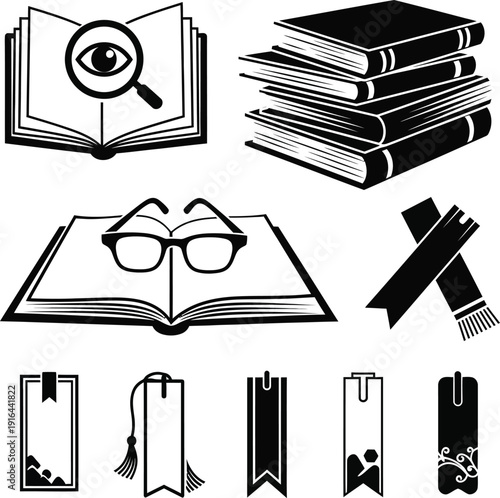 Collection of reading and research iconography including books and bookmarks isolated on a white background for educational design projects.