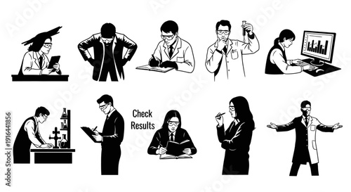 Series of scientists and researchers in lab coats performing experiments, analyzing data, and checking results