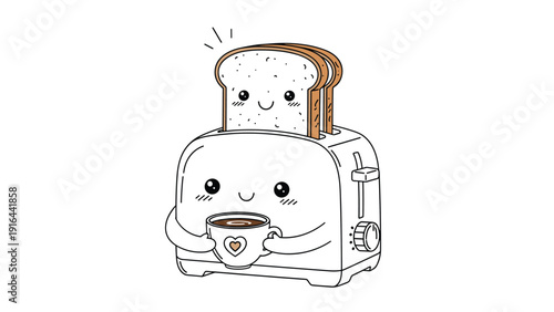 Cute white toaster character with two slices of bread inside holds a warm cup of coffee with a heart on it.
