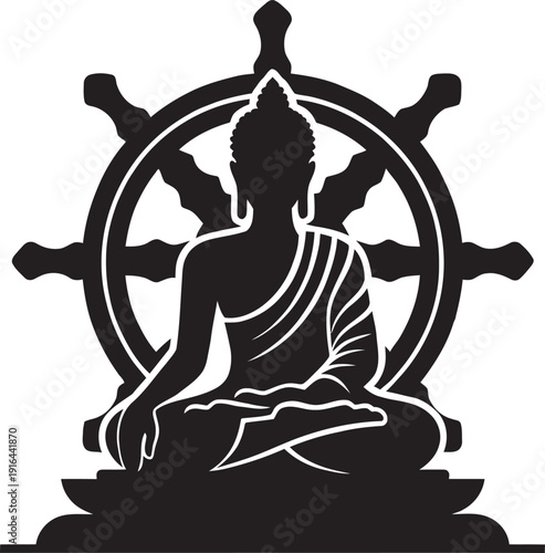Serene vector illustration meditating buddha silhouette seated lotus pedestal spiritual zen yoga peace buddhism religion.