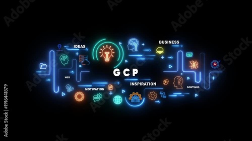 Neon light infographic diagram illustrating GCP business concept with icons and text Google Cloud Platform