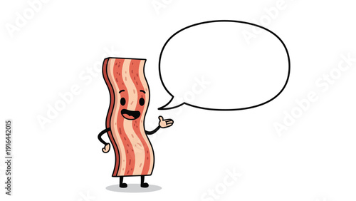 Happy cartoon bacon character stands next to an empty speech bubble, perfect for adding your own custom text or breakfast-themed messages.