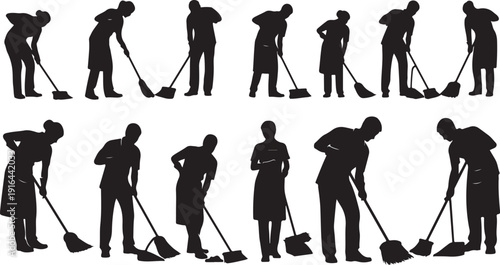 Silhouettes of people cleaning with brooms in various poses