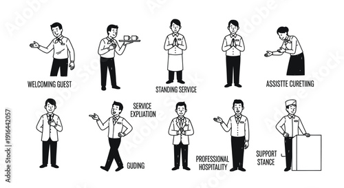 Series of illustrated hotel staff demonstrating welcoming, serving, guiding, and supporting gestures
