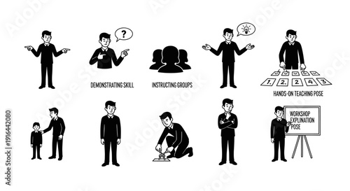 Sequential illustrations of a man demonstrating teaching skills, instructing groups, and engaging in hands-on activities indoors