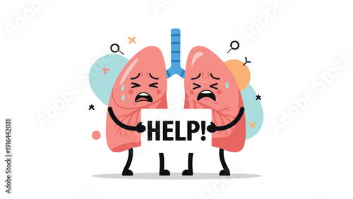 Sad and distressed cartoon lung characters hold up a help sign, illustrating the negative effects of pollution and smoking on human health.