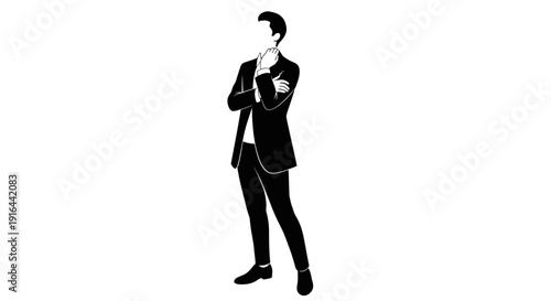 A monochrome illustration of a man in a suit, standing with crossed arms, thoughtful pose, face hidden