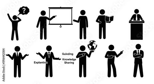 Silhouettes depicting a person thinking, presenting, reading, speaking, and explaining in a professional setting