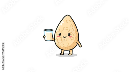 Happy almond character with a smiling face holds up a fresh glass of white almond milk on a clean white background.