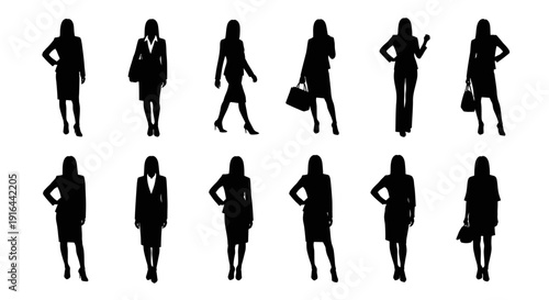 Collection of 12 black silhouette female figures in various professional and casual poses