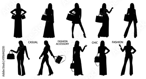 Collection of female silhouettes showcasing various casual, chic, and fashion accessory poses