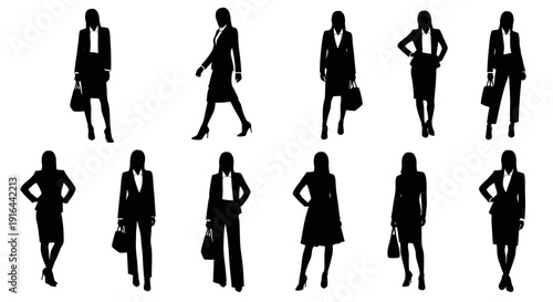 Collection of silhouettes of women in professional business attire, carrying bags, posing confidently