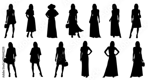 Collection of silhouettes of women in various fashionable outfits, holding bags, in diverse poses