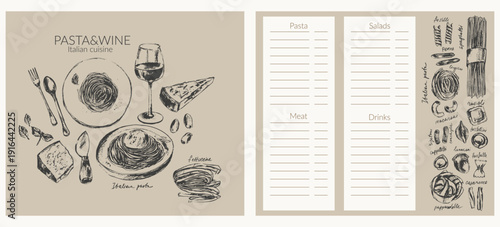 Hand drawn ink Italian cuisine menu. Pasta types and dish drawings. Cheese and wine. Spaghetti pappardelle fusilli fettuccine farfalle linguine penne ravioli. Food background. Culinary and cooking.