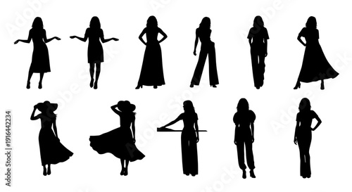 Twelve black silhouette women in various poses and dresses, some with accessories, on white background