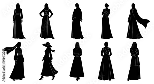 Eleven black silhouette women in various elegant and fashionable dresses and accessories