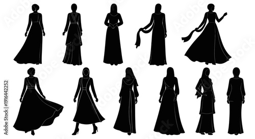Collection of black silhouette figures showcasing women in various elegant dresses with different poses and accessories
