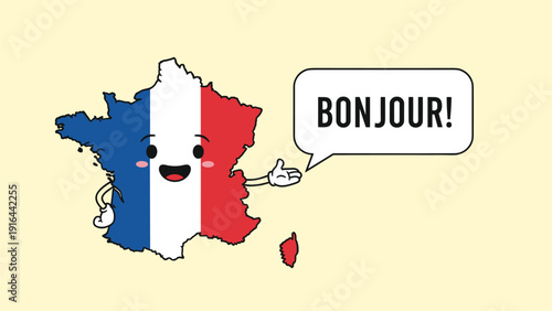 Friendly cartoon map of France featuring the national flag colors waves and says bonjour in a speech bubble, welcoming travelers to the country.