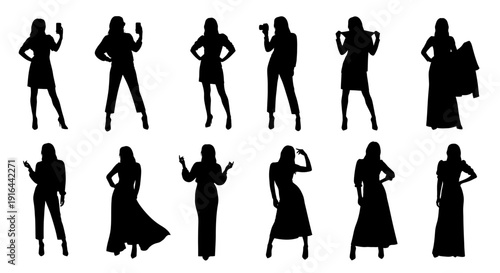 Twelve female silhouettes in various fashionable poses, holding phone or gesturing confidently