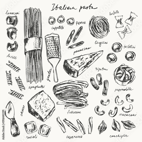 Hand drawn ink Italian pasta sketches set. Pasta types drawings. Spaghetti pappardelle fusilli fettuccine farfalle linguine penne ravioli. For food background. Mediterranean menu.