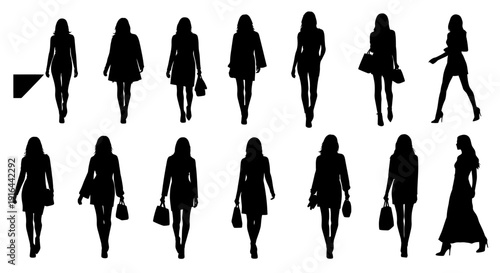 Collection of 15 female silhouettes in various poses, carrying bags, and wearing different outfits