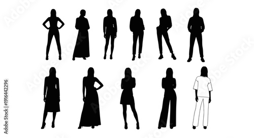 Collection of ten diverse female silhouette figures with various poses, clothing styles, and stances, some with hands on hips, crossed arms, or one arm on waist, against a stark white background