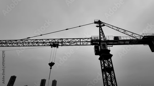Tower Crane Silhouette Against Overcast Sky Construction Site.