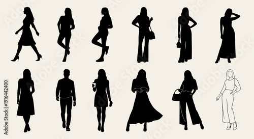 Ten silhouettes of women and two of men with various poses, outfits, and accessories on plain background