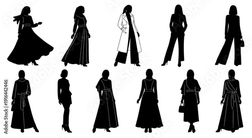 Collection of black silhouette women in various outfits, standing, walking, and holding accessories