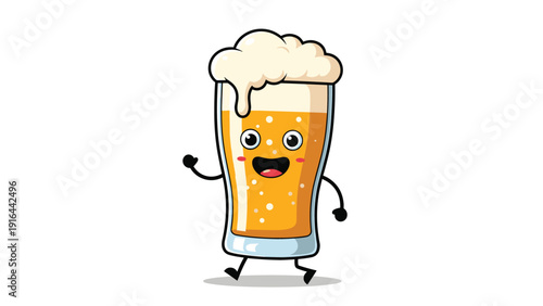 Joyful cartoon glass of beer with a frothy head of foam runs happily, celebrating social gatherings, parties, and the enjoyment of craft beverages.