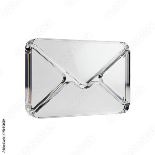 A clear, transparent glass envelope icon, symbolizing communication and mail, rendered with a sleek, modern aesthetic.