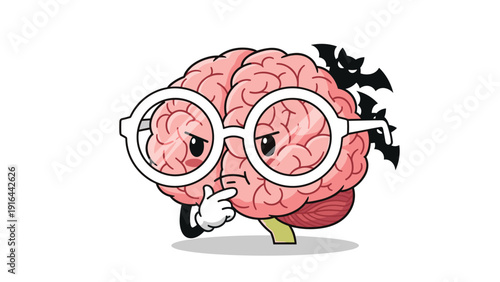 Intelligent cartoon brain wearing round white glasses thinks deeply while dark bats fly in the background, representing spooky thoughts or ideas.