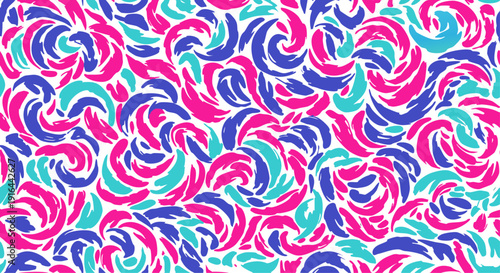 A vibrant, swirling pattern of pink, blue, and teal abstract shapes.