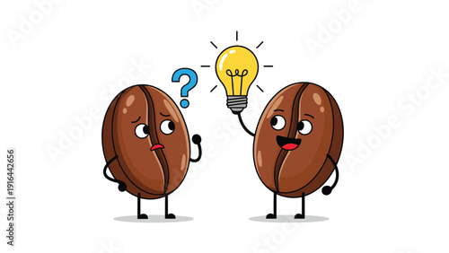 Two cartoon coffee beans interact where one looks confused with a question mark and the other has a bright lightbulb idea above its head.