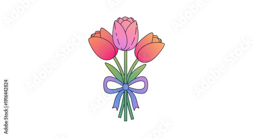 Bouquet of pink and orange tulips with purple bow