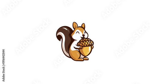 A cartoon squirrel, brown and tan, happily clutches a golden acorn. The background is white