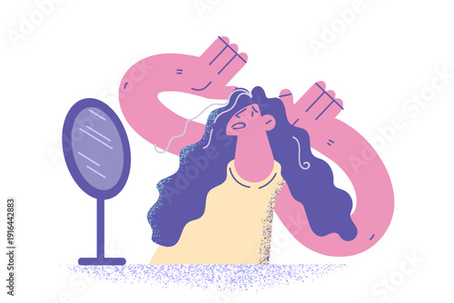 Anxious woman look in mirror stressed with grey hair