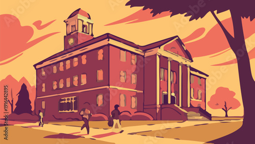Stately brick university building with clock tower at sunset in stylized vector art style