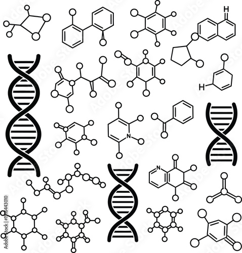 DNA, molecular structures, science icons, chemistry symbols, biology graphics