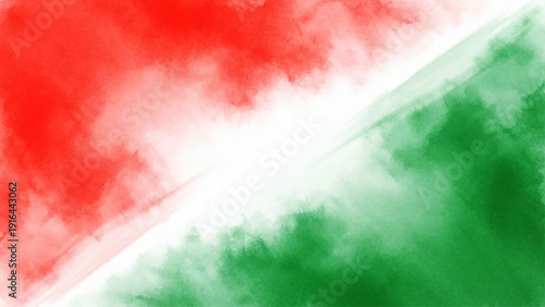 Abstract watercolor background featuring vibrant red, white, and green hues.