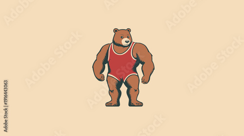 A strong brown bear wearing a red wrestling singlet stands confidently against a neutral tan background